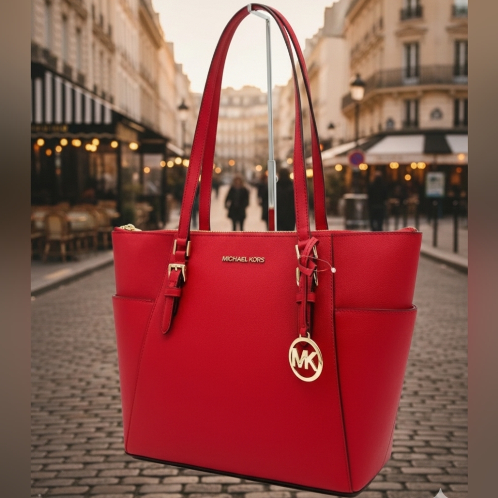 Michael Kors Charlotte Large Top Zip Shoulder Tote Bag Bright Red(NWT) - Picture 6 of 12